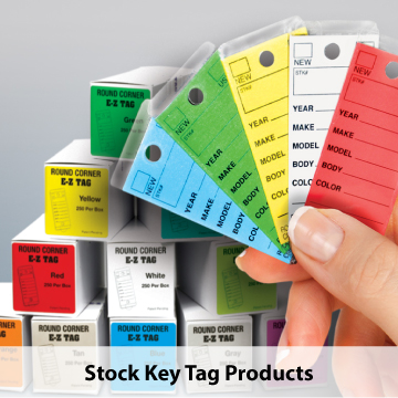 Color-coded dealership vehicle key tags and inventory supplies