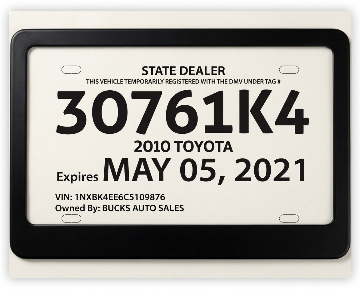 Printed temporary license plate tag showing dealership registration details